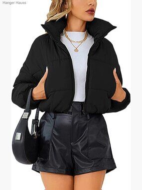Lightweight Cropped Puffer Jacket Stand Collar Zip Quilted Coat